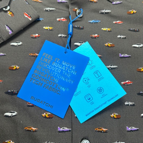 Bugatchi OoH Cotton Tech Men's Dress Shirt 8 Way Stretch Car Print Medium New - Picture 5 of 13